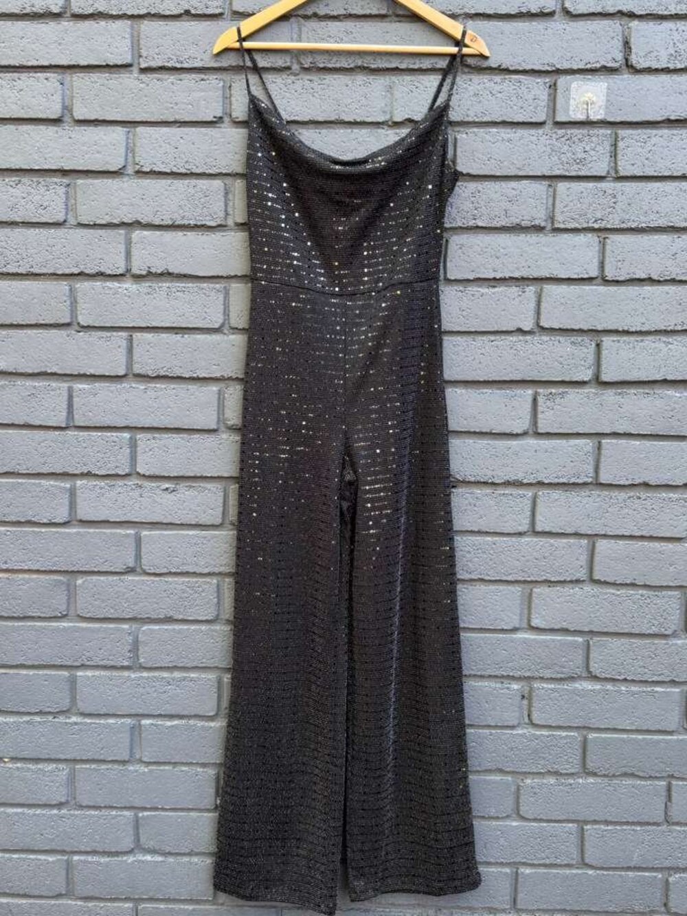 Iris Metallic Foil Dot Cowl Neck Boot Cut Spaghetti Strap Jumpsuit Sequin Black